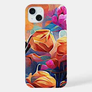 Floral Abstrato Art Laranja Vermelho Azul Flores