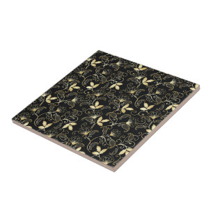Floral Abstrato Dourado em Fundo Preto
