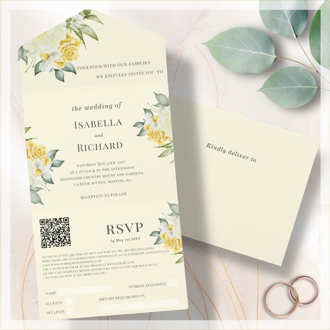 Floral Amarelo | RSVP de Código QR de Casamento (Criador carregado)