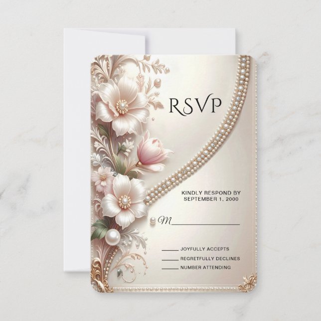 Floral and Pearl Embellishments RSVP Card (Frente)