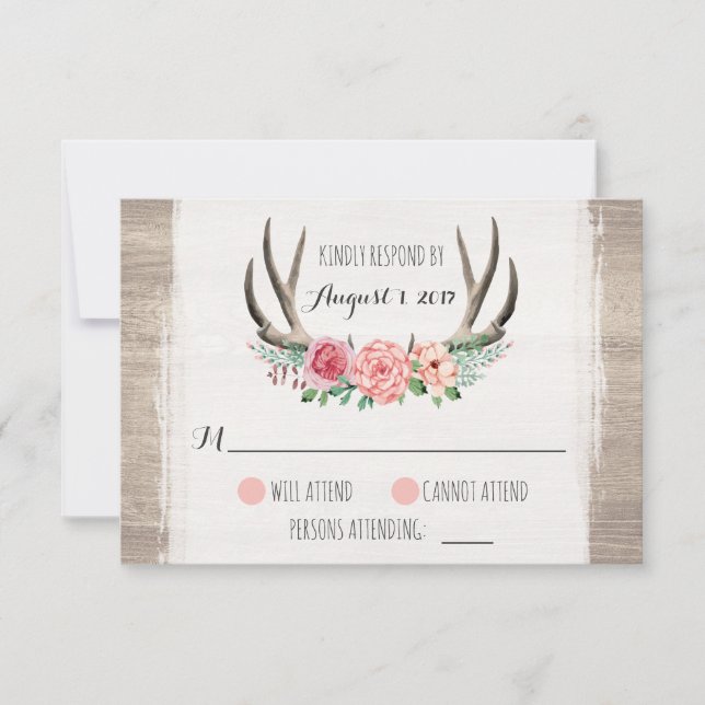 Floral Antlers Rustic Wedding RSVP Personalizado (Frente)