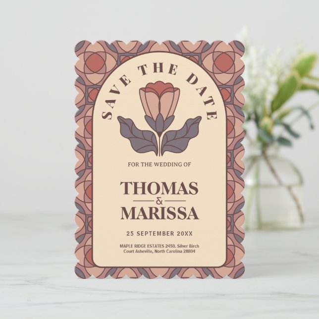 Floral Art Deco Salve a Data Código QR Retrô (Em pé/Frente)