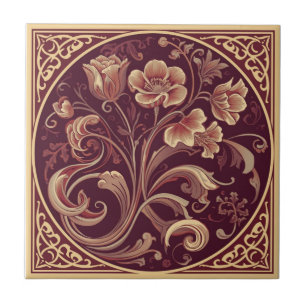 Floral Art Nouveau burgundy e dourado Vintage 
