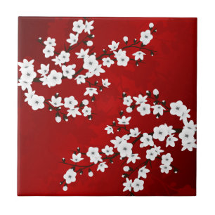 Floral Asiática Flor de Cerejeira Branca Vermelha