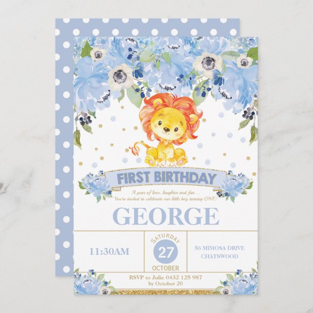 Floral azul do leão do menino do convite do (Frente/Verso)
