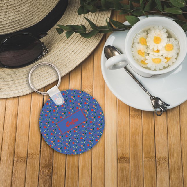 Floral azul padrão flores silvestres nome Chaveiro (Criador carregado)