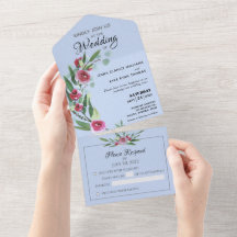 Floral Azul Tudo em Um Convite de casamento Sem Re