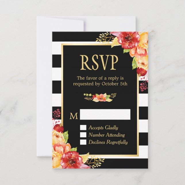 Floral B&W Dourado de outono - RSVP de faixas de c (Frente)