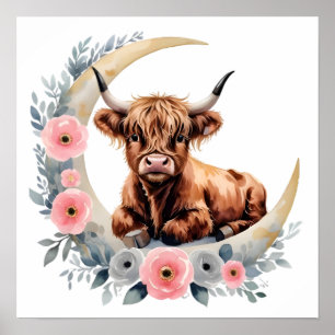 Floral Baby Highland Cow Nursery Impressão