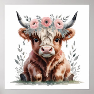 Floral Baby Highland Cow Nursery Impressão