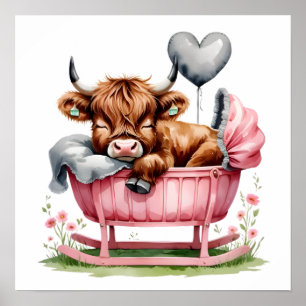 Floral Baby Highland Cow Nursery Impressão