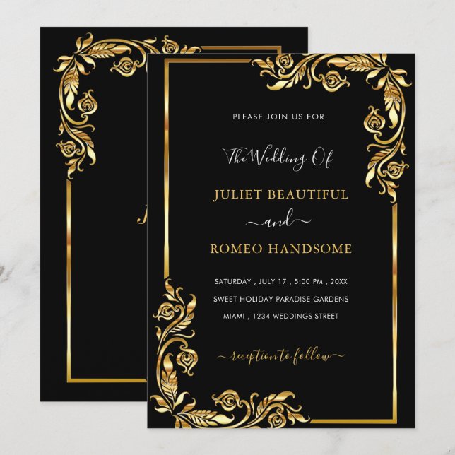 Floral Black Dourado Casamento Modelo de Convite (Frente/Verso)