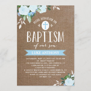 Floral Blooms Burlap Azul  Convite Baptism
