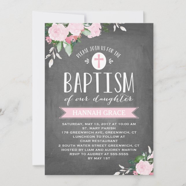 Floral Blooms Chalkboard | Convite Baptism (Frente)