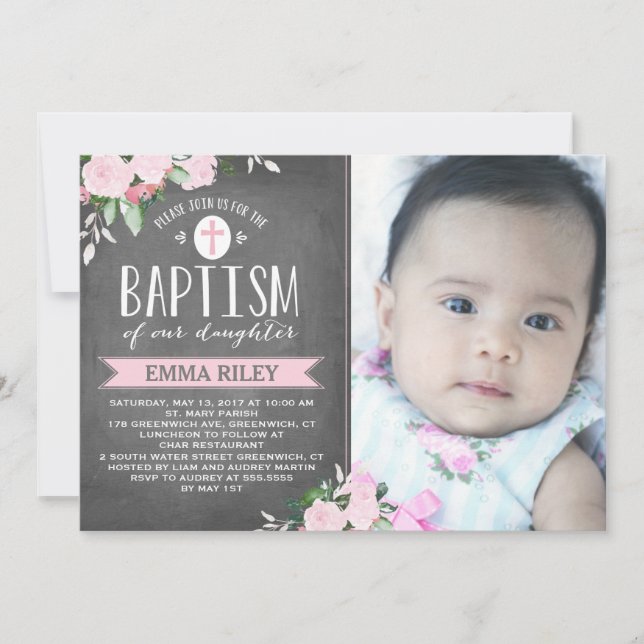 Floral Blooms Chalkboard | Convite Baptism (Frente)