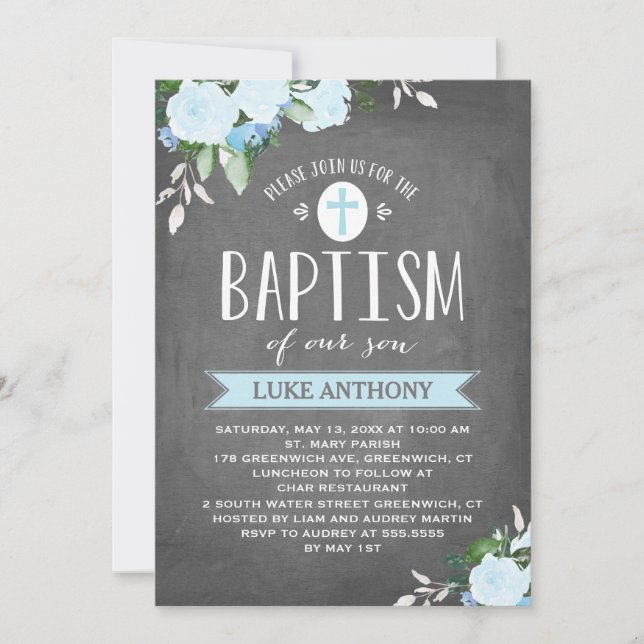 Floral Blooms Chalkboard | Convite Baptism (Frente)