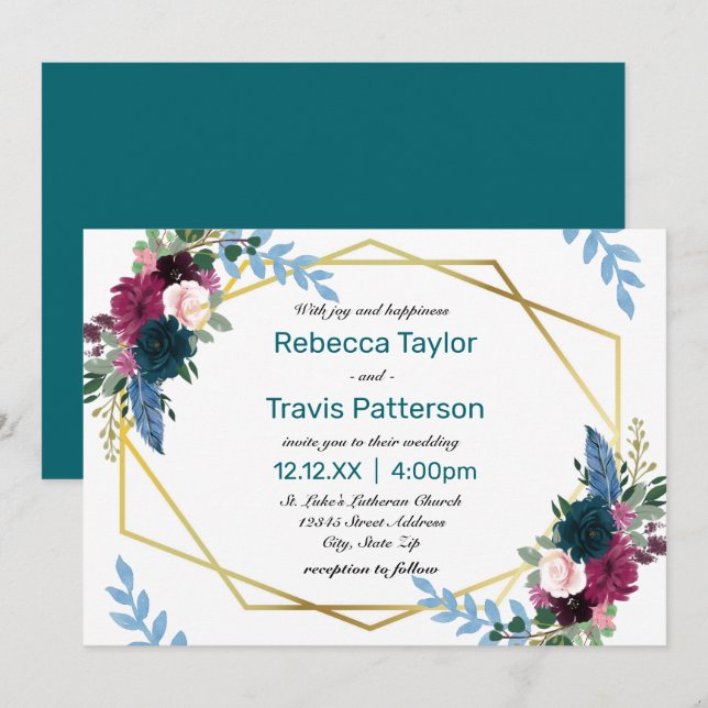 Floral Blooms Mod Teal - Convite De Casamento (Frente/Verso)