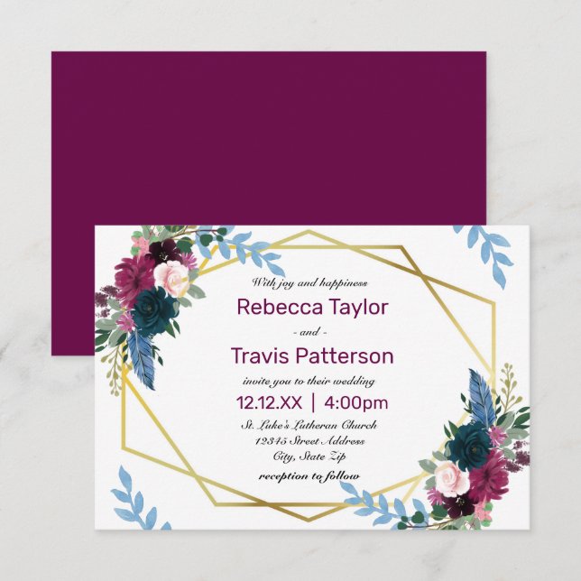 Floral Blooms Plum - Convite para Casamento 3x5 (Frente/Verso)