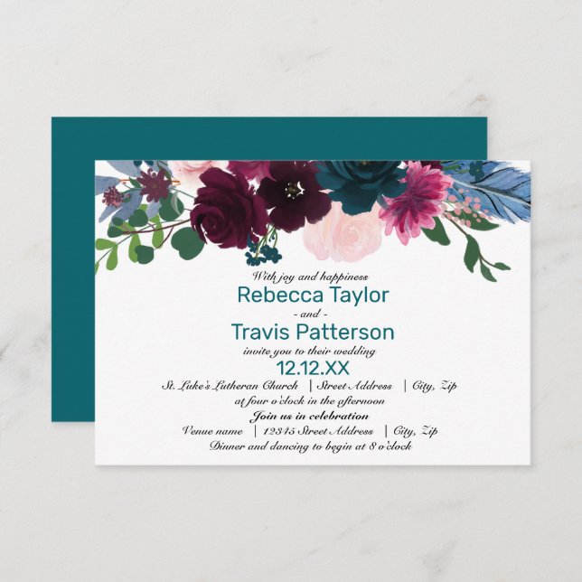 Floral Blooms Teal - 3x5 Convite para Casamento/Re (Frente/Verso)
