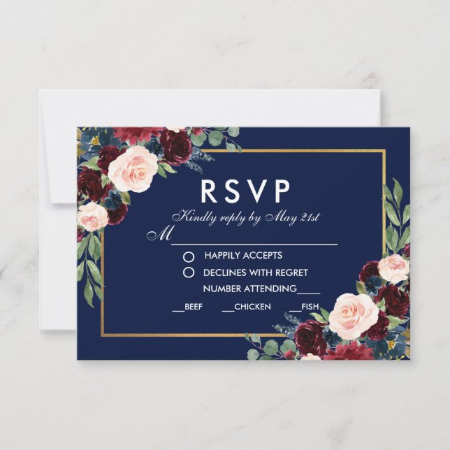 Floral Blue Burgundy RSVP Dourado (Frente)