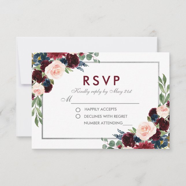 Floral Blue Burgundy Silver Weding RSVP (Frente)