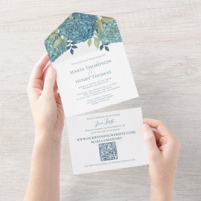Floral Blue Hydrangea QR Code Convidado Endereçado (Tearaway)