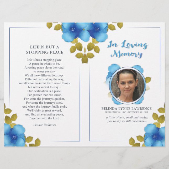 Floral Blue Memorial ou Funeral Service Program (Frente)