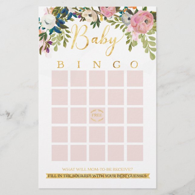 Floral Boho Chic Chá de fraldas Bingo Game (Frente)