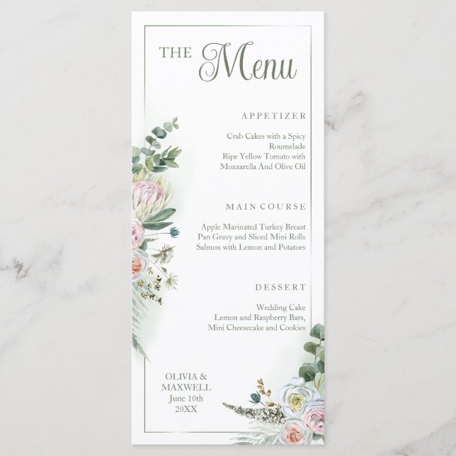 Floral Boho Sage Menu de Casamento Verde (Frente)