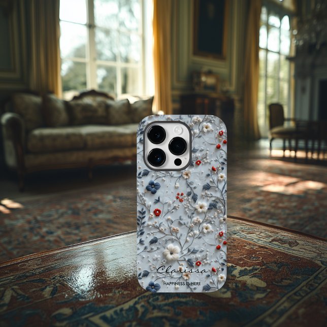 Floral bordado azul e vermelho personalizado com a (Criador carregado)