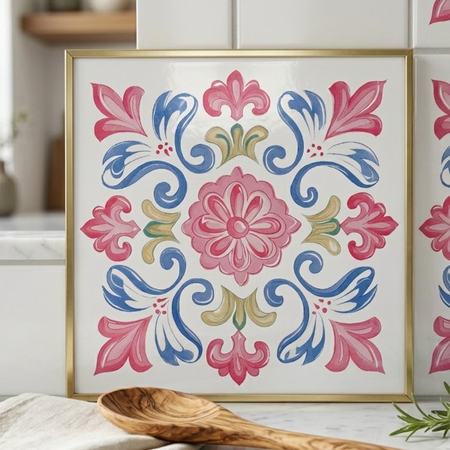 Floral Botânico Rosa Azul Verde (Floral Botanical Pink Blue Green Ceramic Tile)