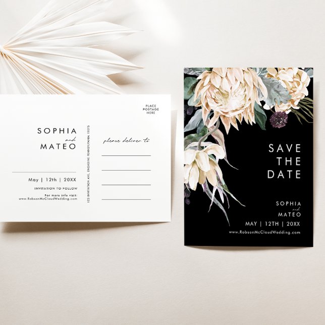 Floral Branco | Cartão Postal Black Save The Date (Criador carregado)