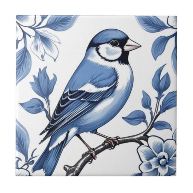 Floral Branco e Azul de Delft Finch Bird (Frente)