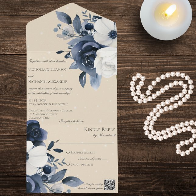 Floral Branco e Azul Inverno no Código QR do Blush (Criador carregado)