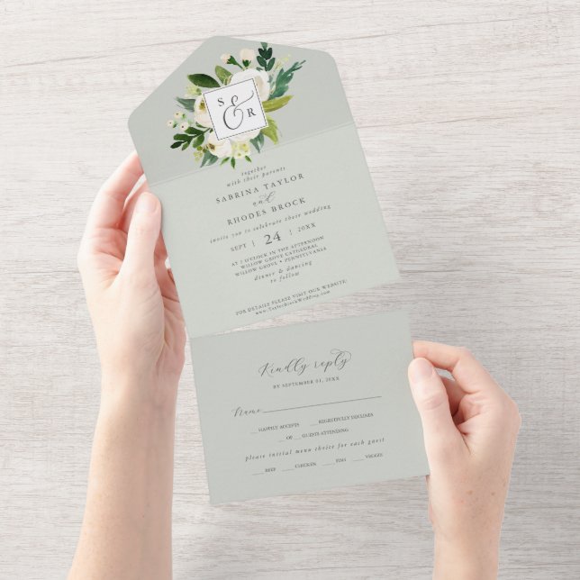 Floral Branco Elegante | Casamento Sage Mint Monog (Aba destacável)