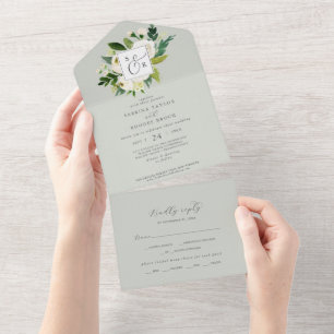 Floral Branco Elegante   Casamento Sage Mint Monog