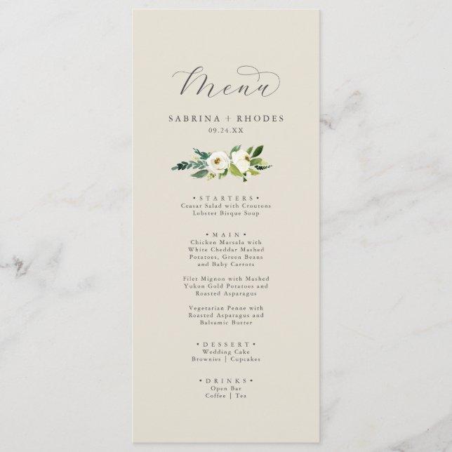 Floral Branco Elegante | Menu Casamento de Champan (Frente)