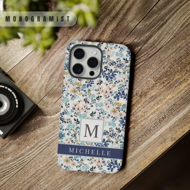 Floral Branco Flores Rosa Azul Personalizável (Customizable Pink Blue Flowers White Floral iPhone Case)