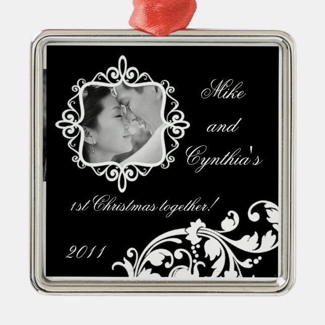 Floral Branco Preto para Ornamento de Fotos Person (Frente)