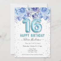 Floral Brilhante Azul Claro Feliz 16º Aniversário