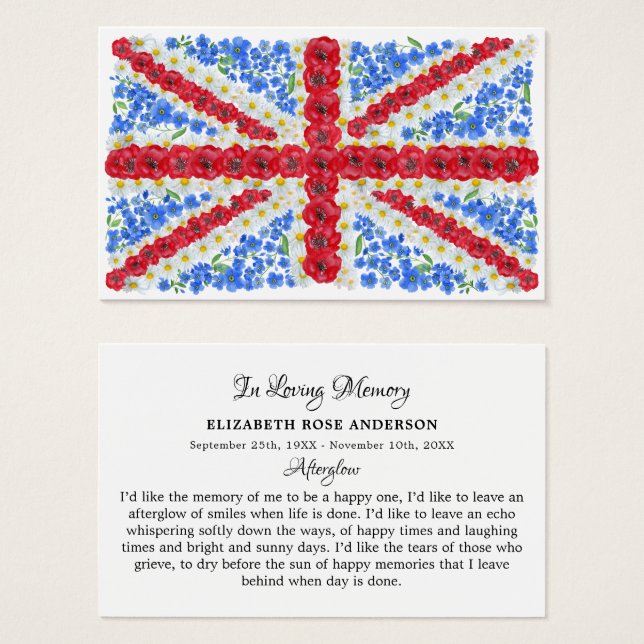 Floral British Flag Memorial Funeral Prayer Card (Frente & Verso)