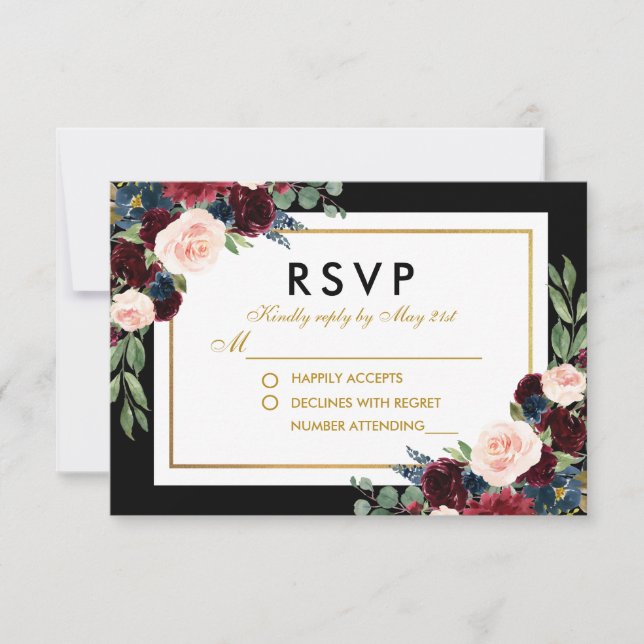 Floral Burgundy Azul Dourado Casamento Negro RSVP (Frente)