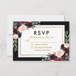 Floral Burgundy Azul Dourado Casamento Negro RSVP