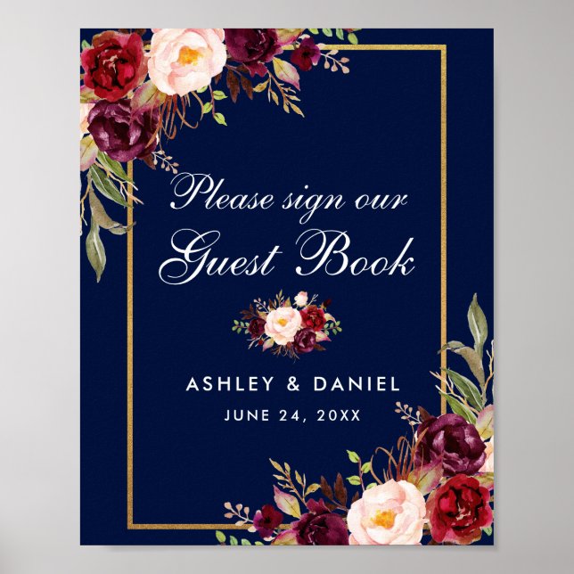 Floral Burgundy Blue Weding Poster (Frente)
