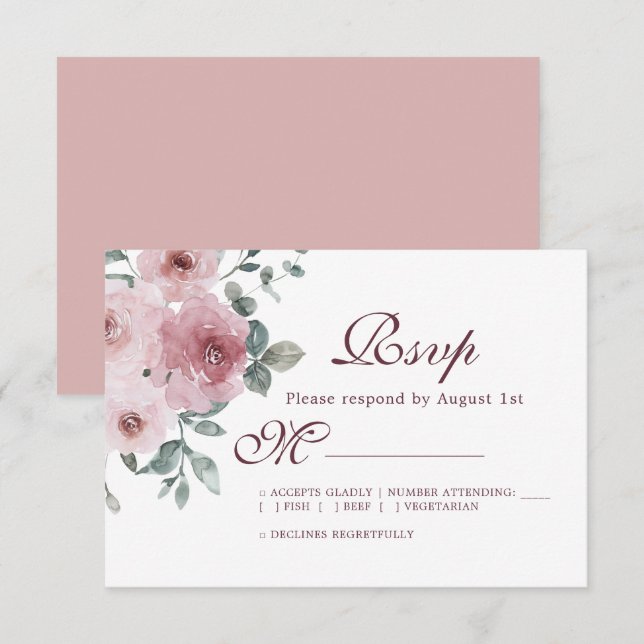 Floral Burgundy Dusty Rosa Rosa Casado RSVP (Frente/Verso)