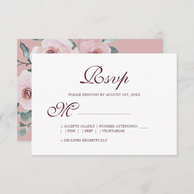 Floral Burgundy Dusty Rosa Rosa Casado RSVP (Frente/Verso)
