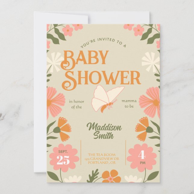 Floral Butterfly Baby Shower Invitation (Frente)