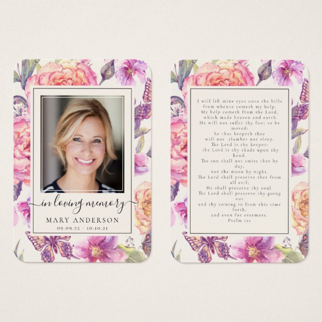 Floral Butterfly Photo Memorial Prayer Card (Frente & Verso)
