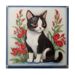 Floral Cats - Black and White Cat & Red Flowers