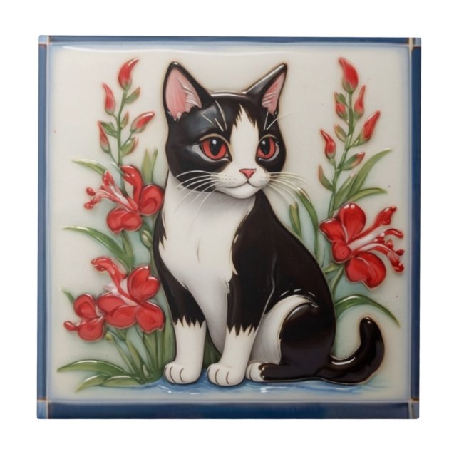 Floral Cats - Black and White Cat & Red Flowers (Frente)